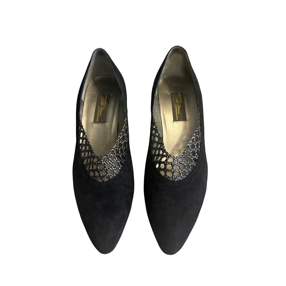 Sesto Meucci Vintage 90s Black Suede Metallic Mesh Pointed Toe Pumps 10N Italy